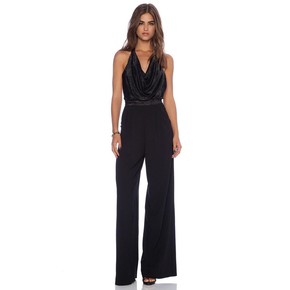 ALICE + OLIVIA Open Back Disco black silk Jumpsuit halter cowl neck US 2 $495